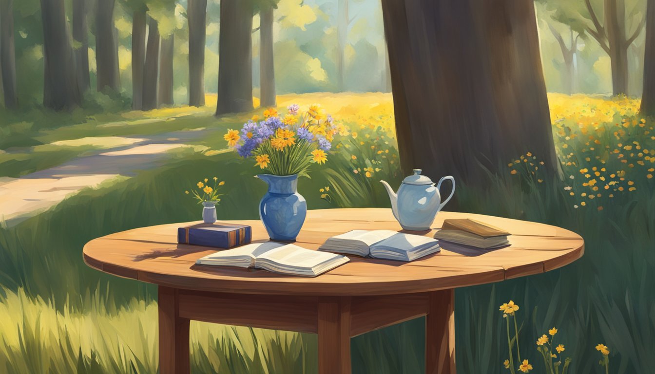 A wooden table sits by the roadside, adorned with a vase of wildflowers and a stack of books. Sunlight filters through the trees, casting dappled shadows on the table's surface