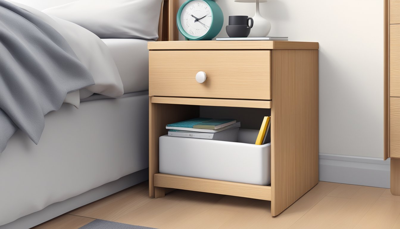A bedside table is adjusted to the optimal height for easy access from the bed