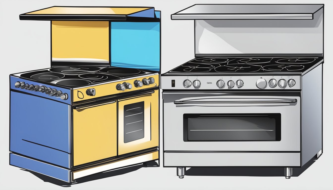 An induction stove and an electric stove side by side with labels and arrows pointing out their key differences