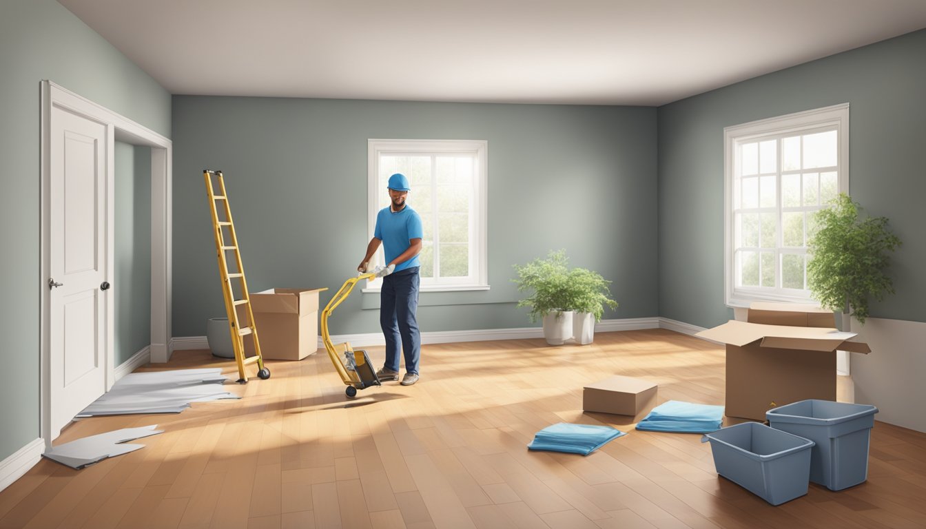 A room with furniture being moved, walls being painted, and new flooring being installed in a 2 room flexi renovation