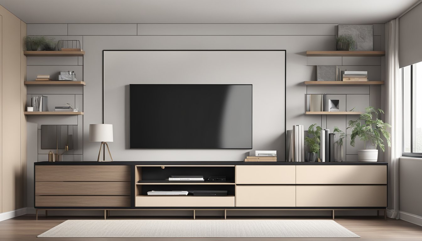 A sleek, modern TV console with clean lines and ample storage compartments. A minimalist design with a neutral color palette