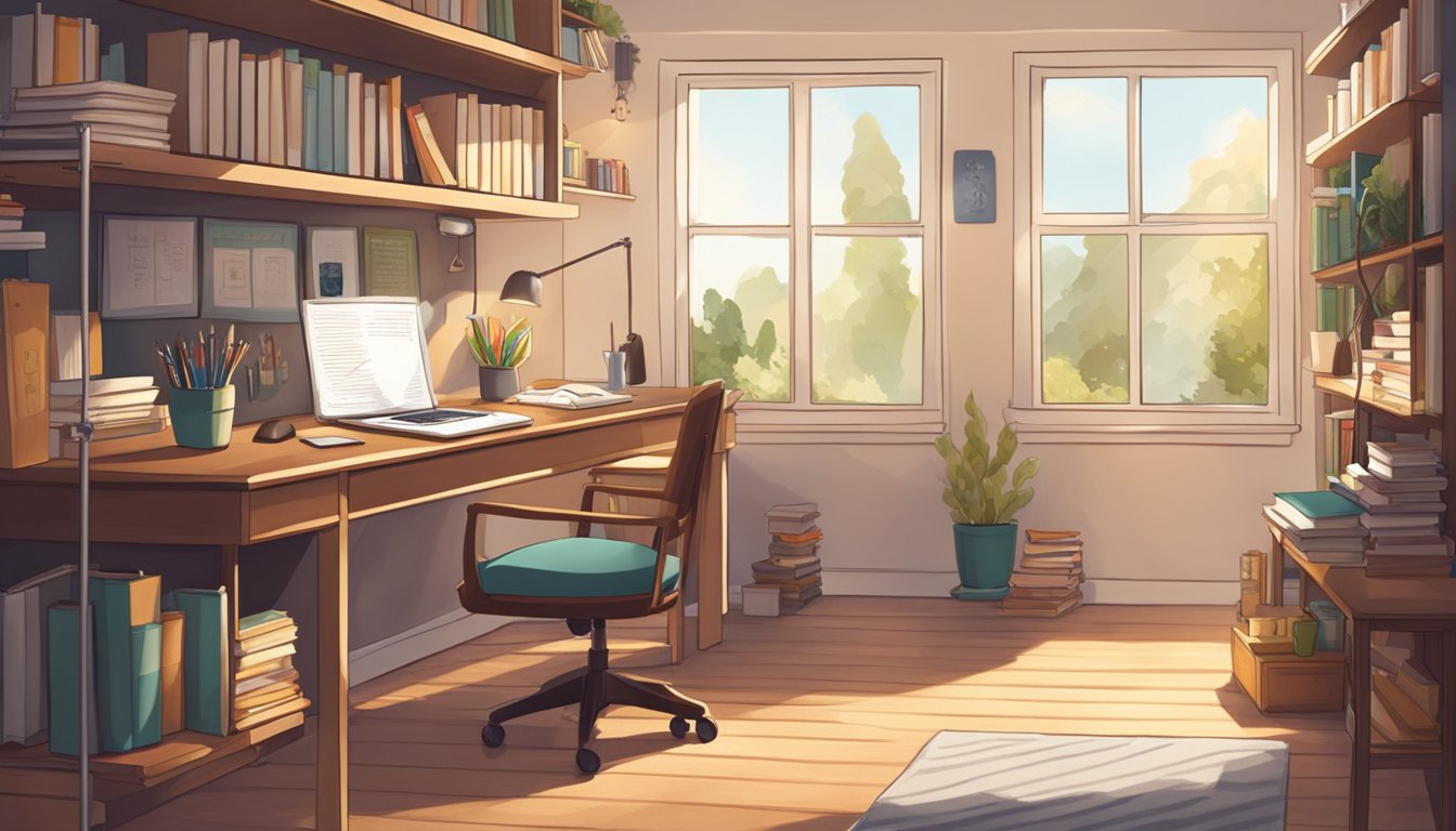 A cozy study room with a desk, bookshelves, natural light, and inspirational quotes on the wall