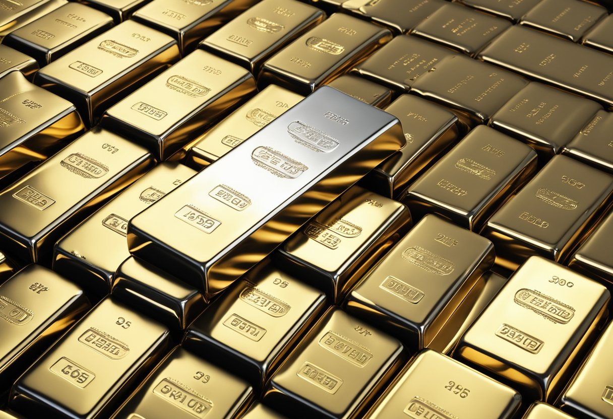 A pile of gold and silver bars gleaming in the sunlight, with a chart showing their rising value in the background