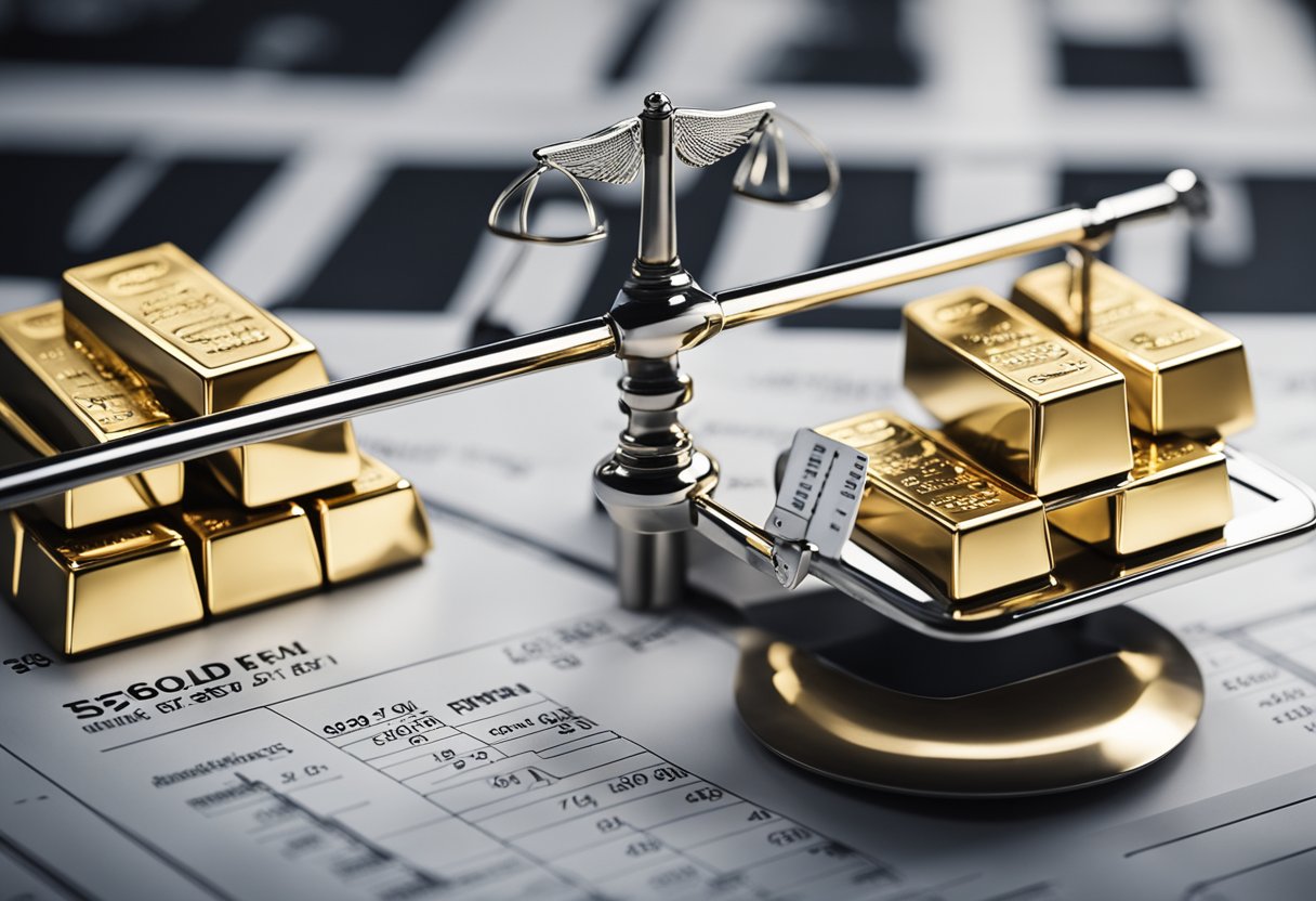 A scale with gold and silver bars, surrounded by charts showing investment benefits and risks