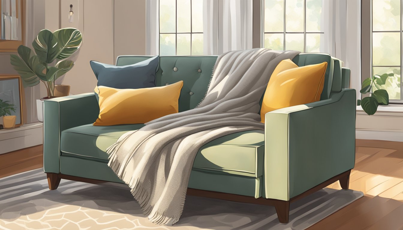 A cozy innerspring sofa bed sits in a sunlit living room, with a warm throw blanket draped over the back and a few decorative pillows arranged neatly on the cushions