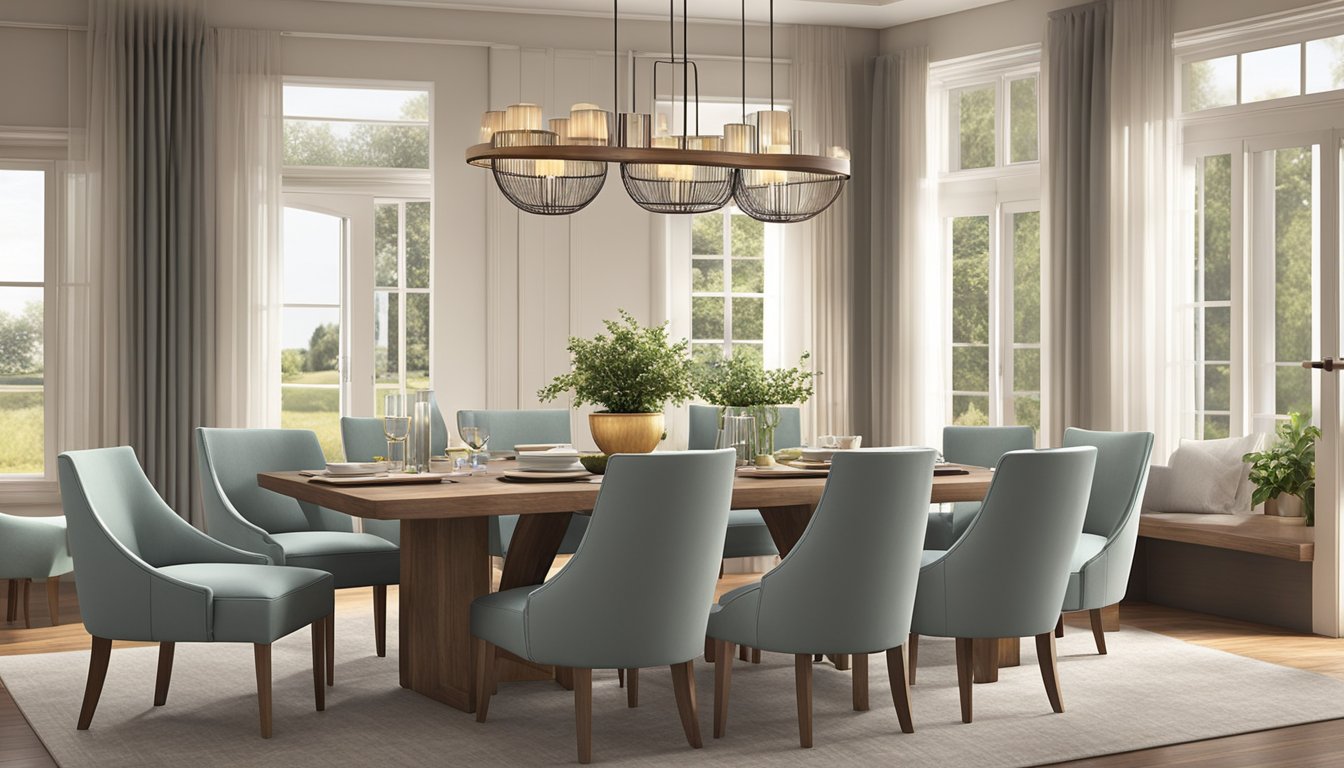 The comfortable dining chairs are arranged around a sleek wooden table, with soft cushions and supportive backs. The warm lighting and inviting ambiance create a cozy and welcoming atmosphere