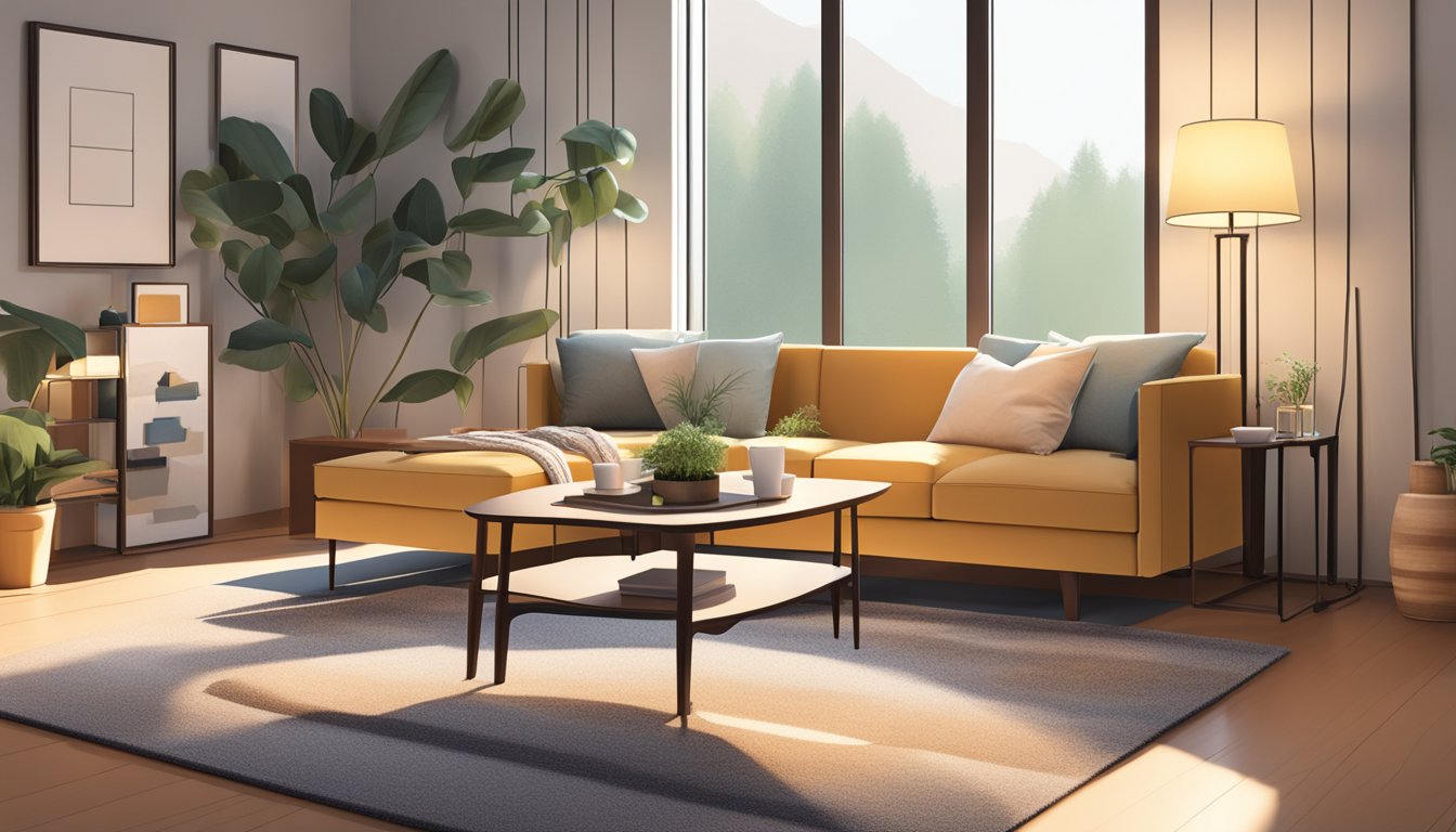 A compact L-shaped sofa sits in a cozy living room, surrounded by a coffee table, rug, and soft lighting