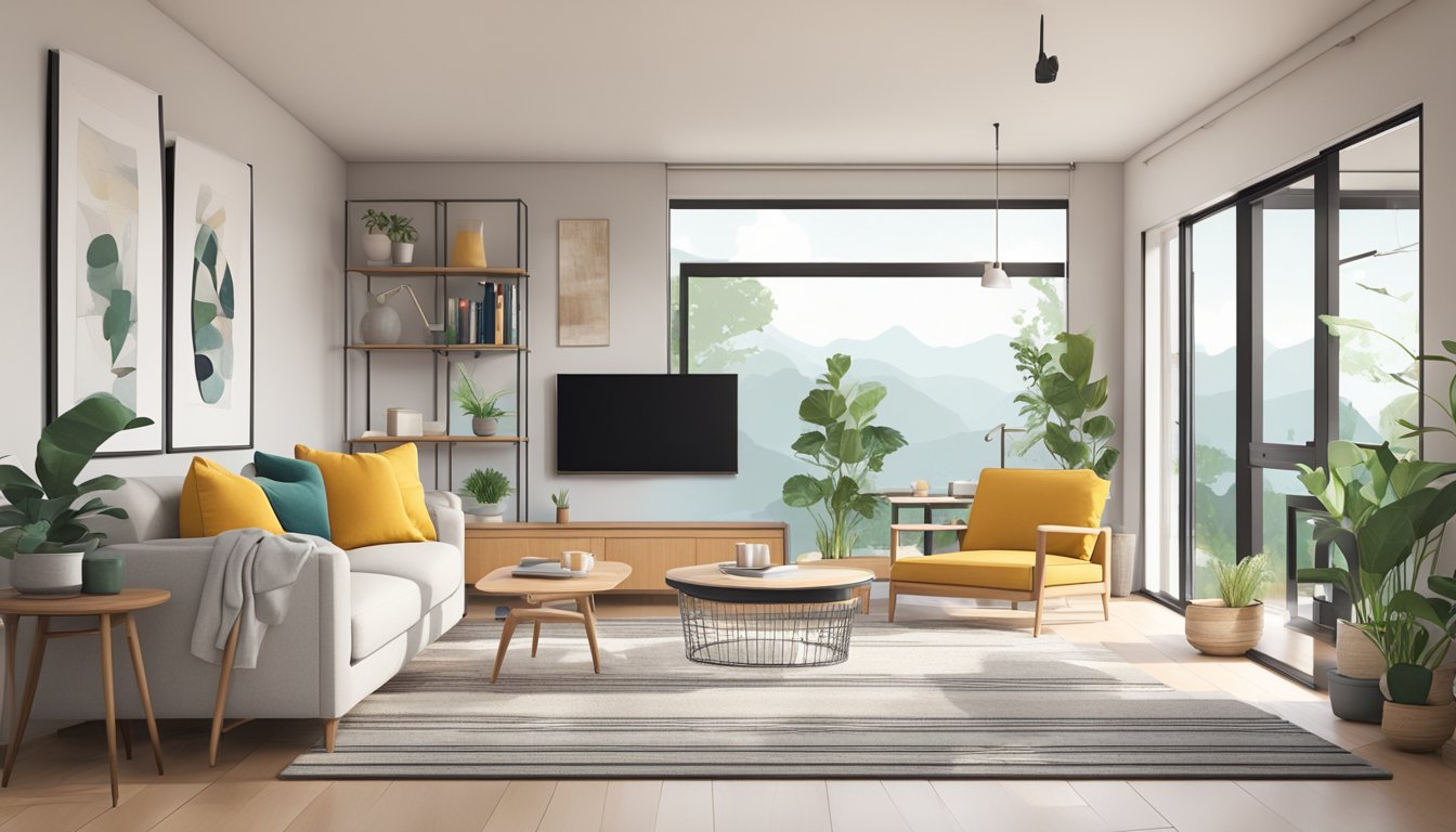 A small, cozy living room with simple, affordable furniture. Bright colors and clean lines give a modern, minimalist feel