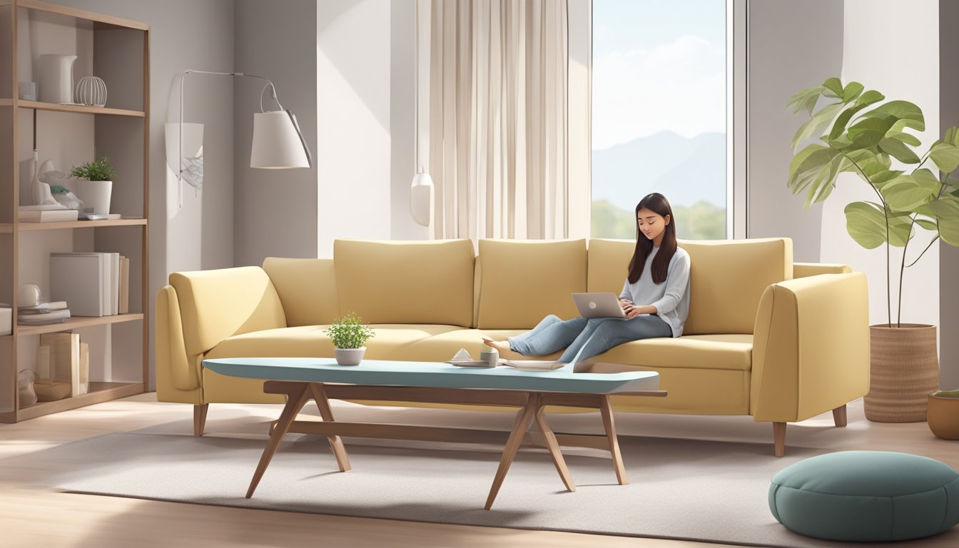 A person unfolds an innerspring sofa bed, testing its comfort and ease of use. The sofa bed is placed in a living room with natural lighting and minimalist decor