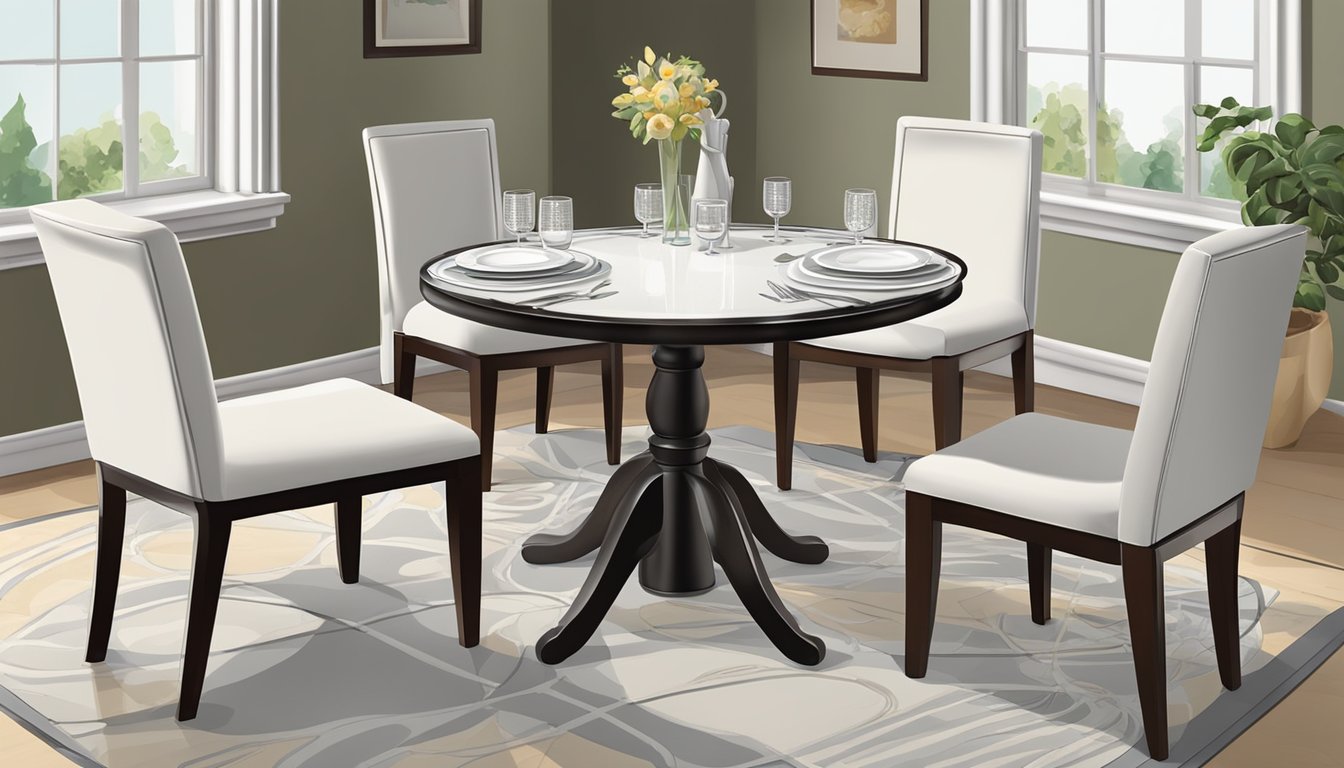 A round dining table set for 4 with neatly arranged chairs, a tablecloth, and place settings including plates, utensils, and glasses