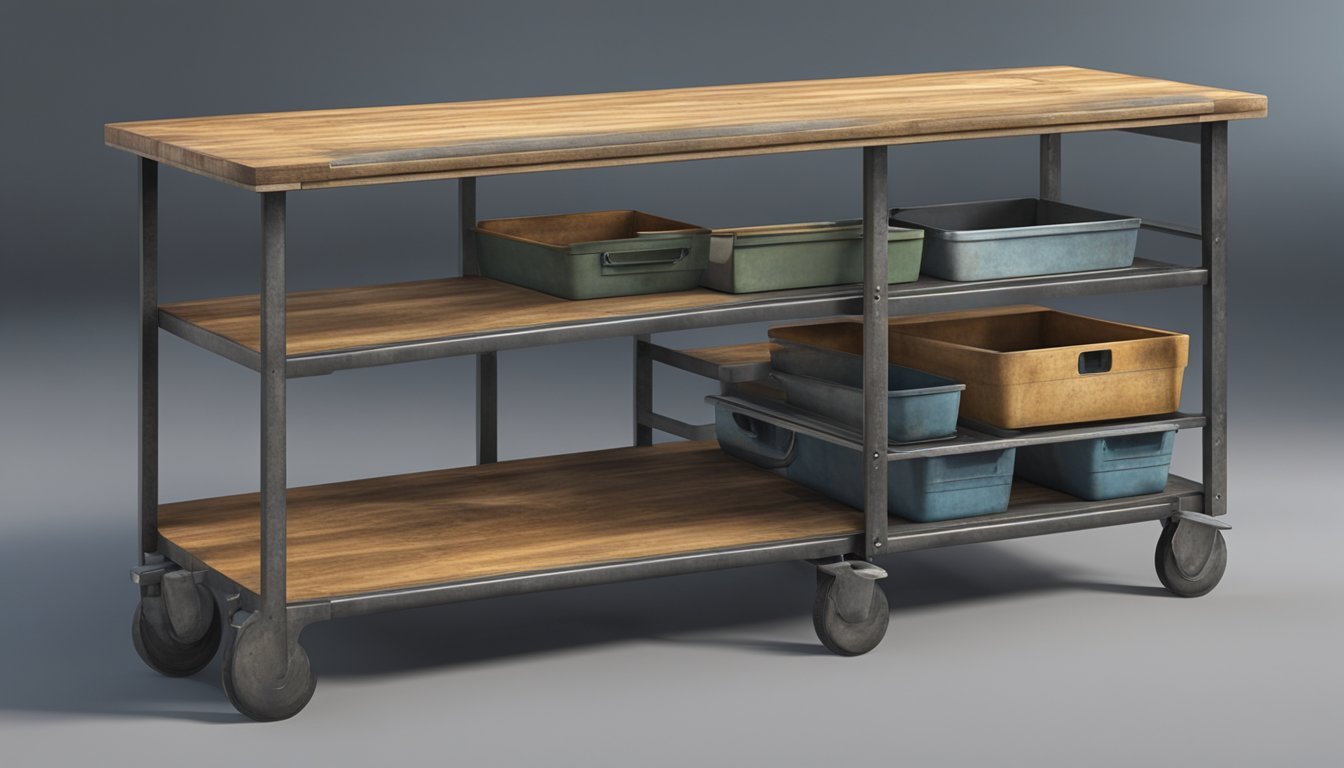 A sturdy, metal roadside table with built-in shelves and hooks for tools. Functional design with a weathered finish