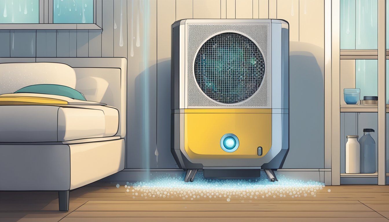 A dehumidifier sits in a damp room, quietly removing moisture from the air. Water droplets collect in the machine's reservoir, while the surrounding air becomes drier and more comfortable