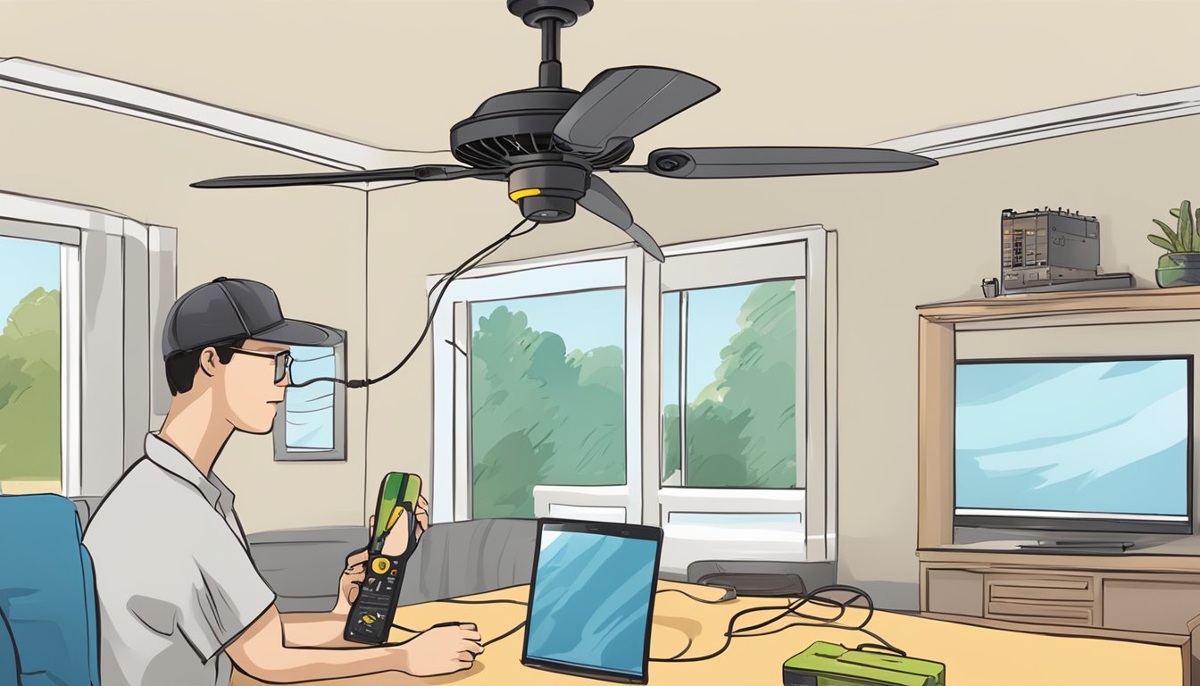 A ceiling fan with exposed capacitor, a multimeter, and a person testing the capacitor with the multimeter