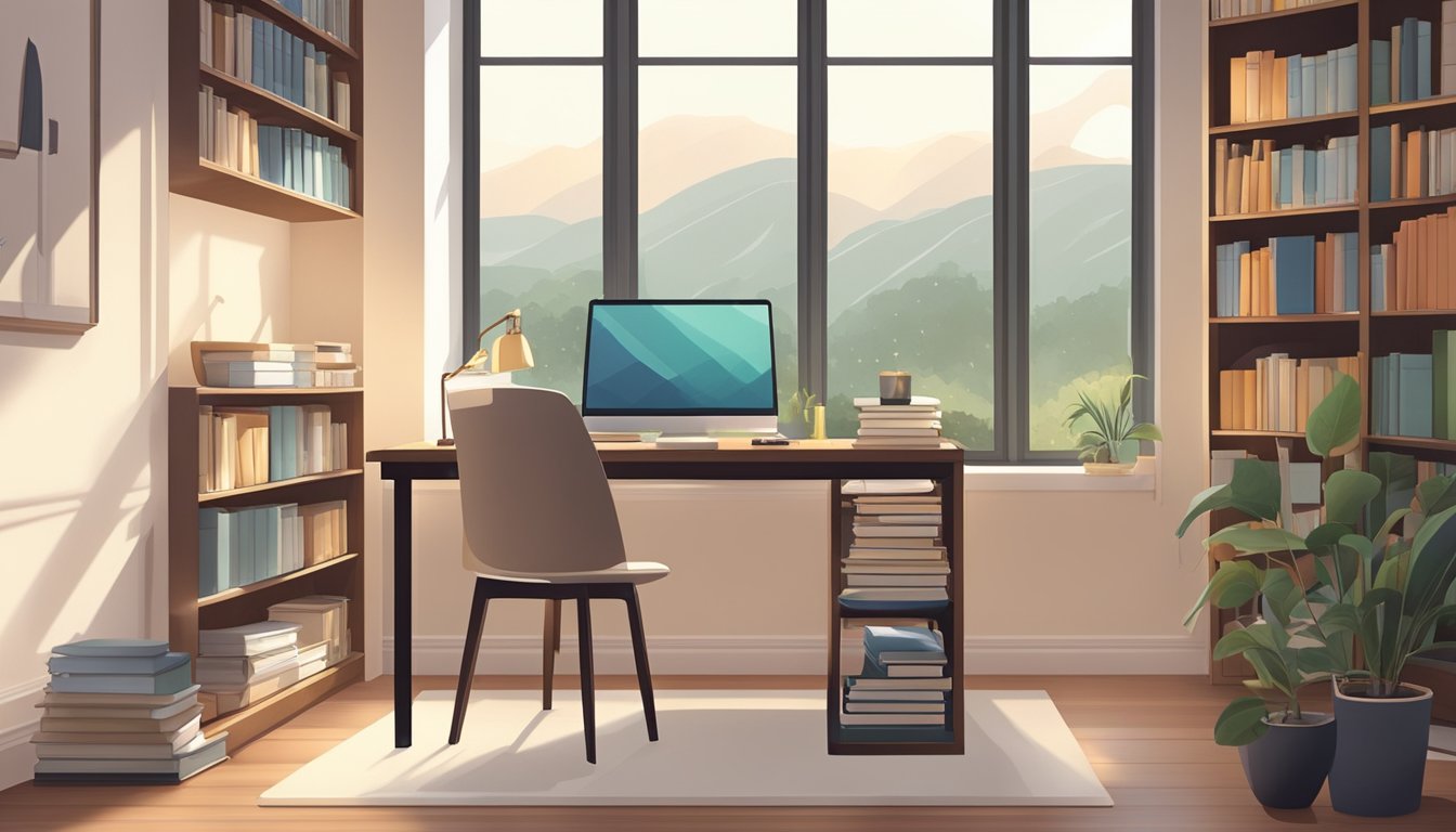 A cozy study room with a desk, chair, bookshelf, and a large window with natural light. The room is neatly organized with books, stationery, and a laptop on the desk