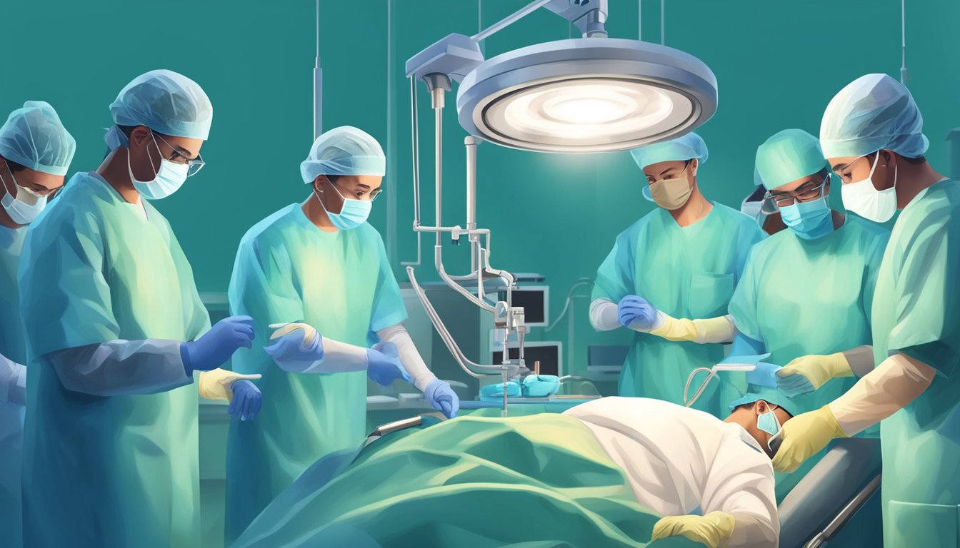 Surgeons perform open heart transplant in sterile operating room with medical equipment and team present