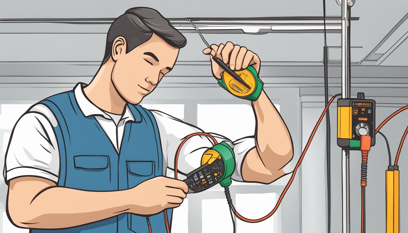A technician uses a multimeter to test the ceiling fan capacitor, then replaces it if necessary