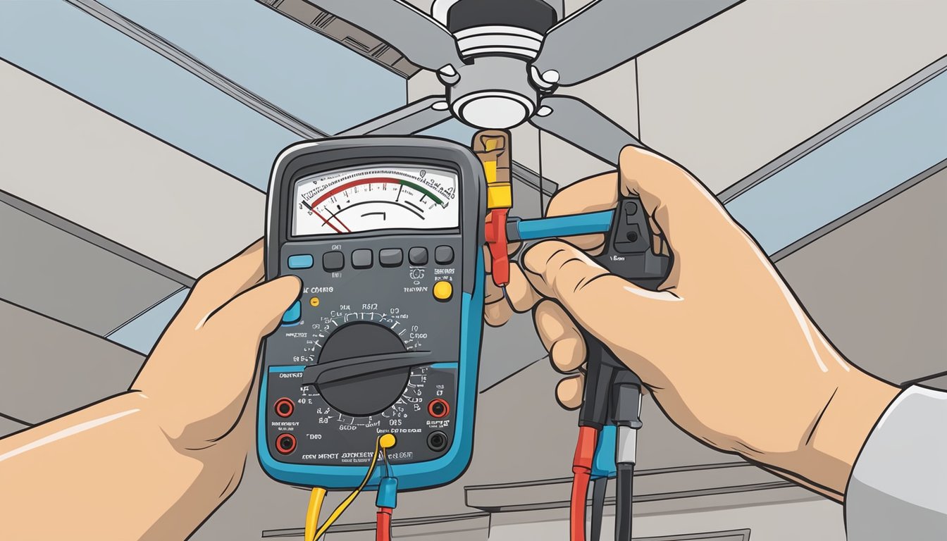 A hand holding a multimeter testing the wires connected to a ceiling fan capacitor