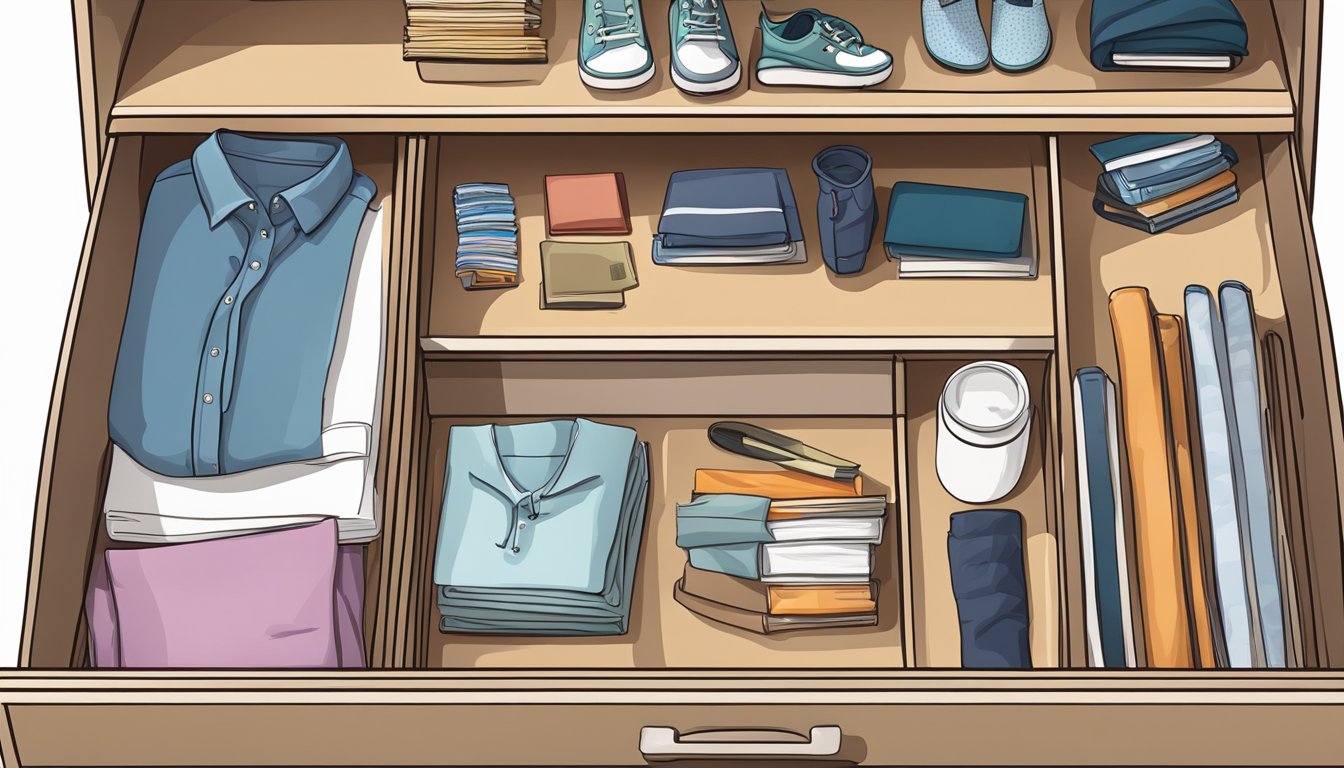 A bedroom drawer set with a variety of items neatly organized inside, including folded clothes, books, and small decorative objects