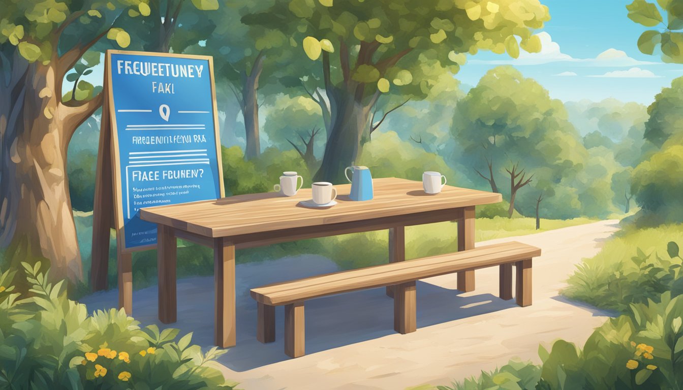 A roadside table with a "Frequently Asked Questions" sign, surrounded by trees and a clear blue sky