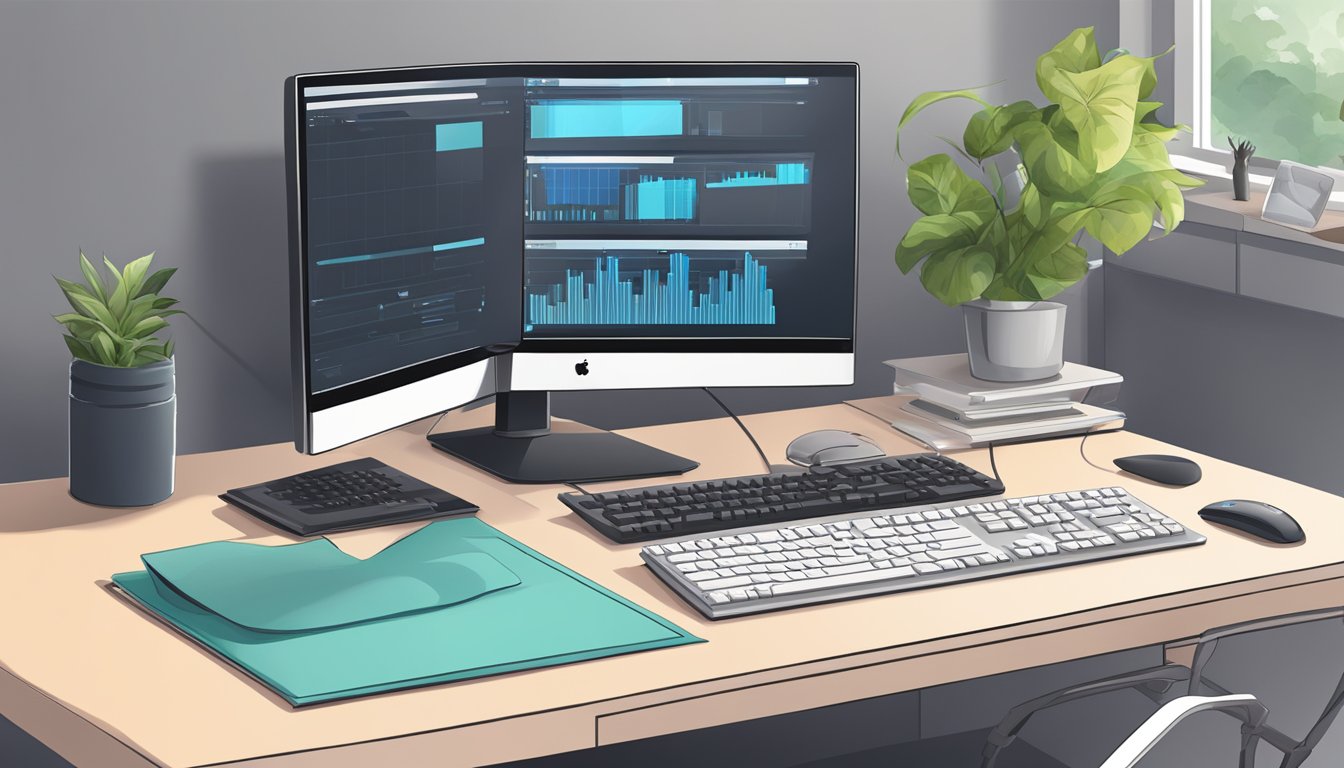 A PC sits on a table, surrounded by a keyboard, mouse, and monitor