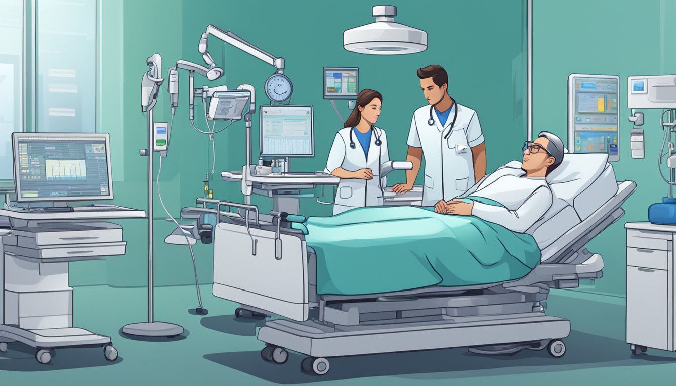 A patient lies in a hospital bed, surrounded by medical equipment and monitors. A team of healthcare professionals checks the patient's vital signs and administers medication