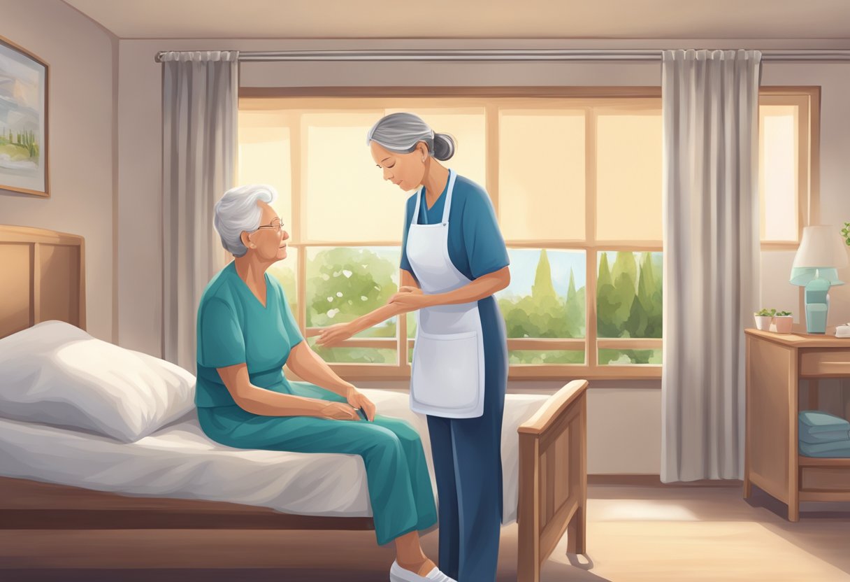 A caregiver assists a hospice patient with daily tasks, providing comfort and support in a peaceful and serene environment