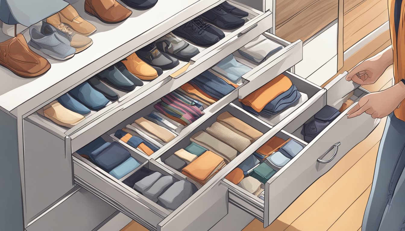 A person opens a bedroom drawer set, selecting clothing and accessories. The drawers are neatly organized with various items