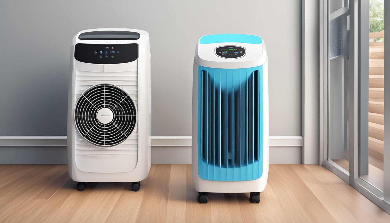 An air cooler and a portable air conditioner placed side by side, with a price tag and energy efficiency label visible