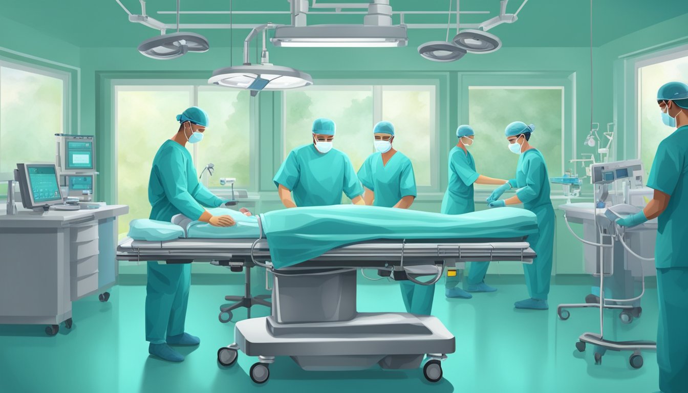 Surgeons perform open heart transplant in sterile operating room. Medical equipment and team in scrubs surround patient on operating table