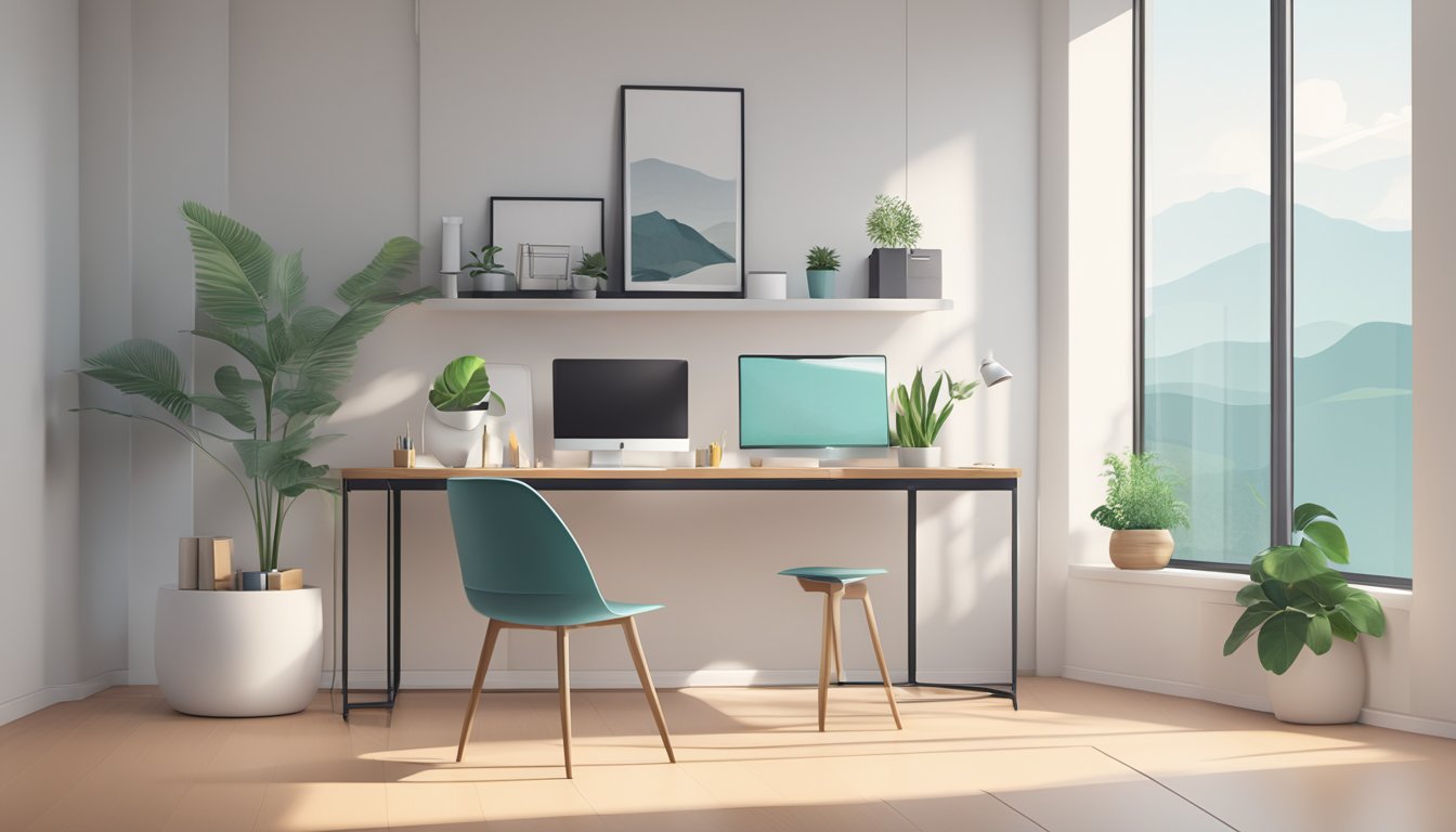 A sleek, modern PC table sits against a backdrop of a minimalist, well-lit room with a large window, showcasing a clean and organized workspace