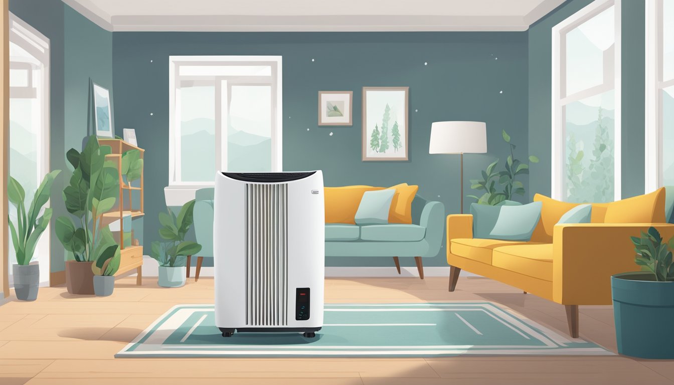 A dehumidifier sits in a cozy living room, quietly removing moisture from the air. It protects the home and belongings by preventing mold and mildew growth