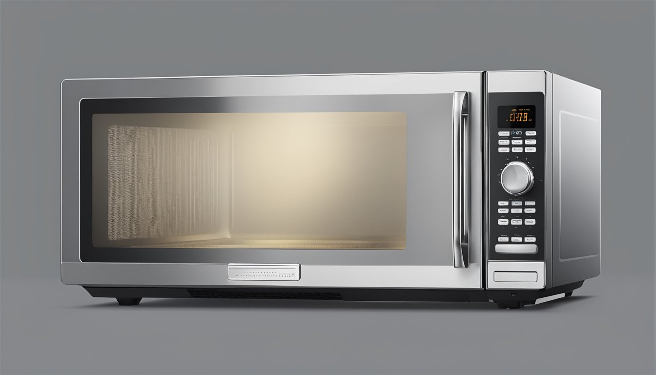A sleek, modern microwave oven with advanced features and a prominent brand logo displayed on the front