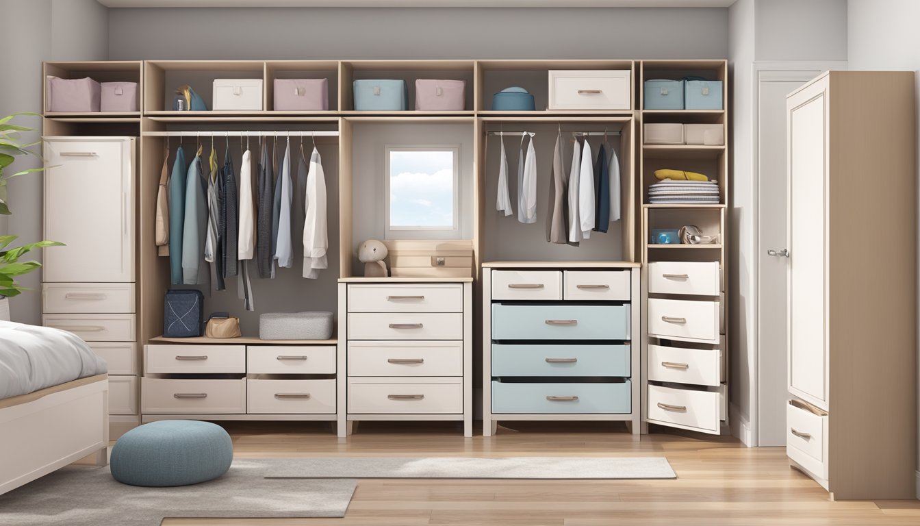 The bedroom drawer set is neatly organized, with safety features such as soft-close drawers and child-proof locks