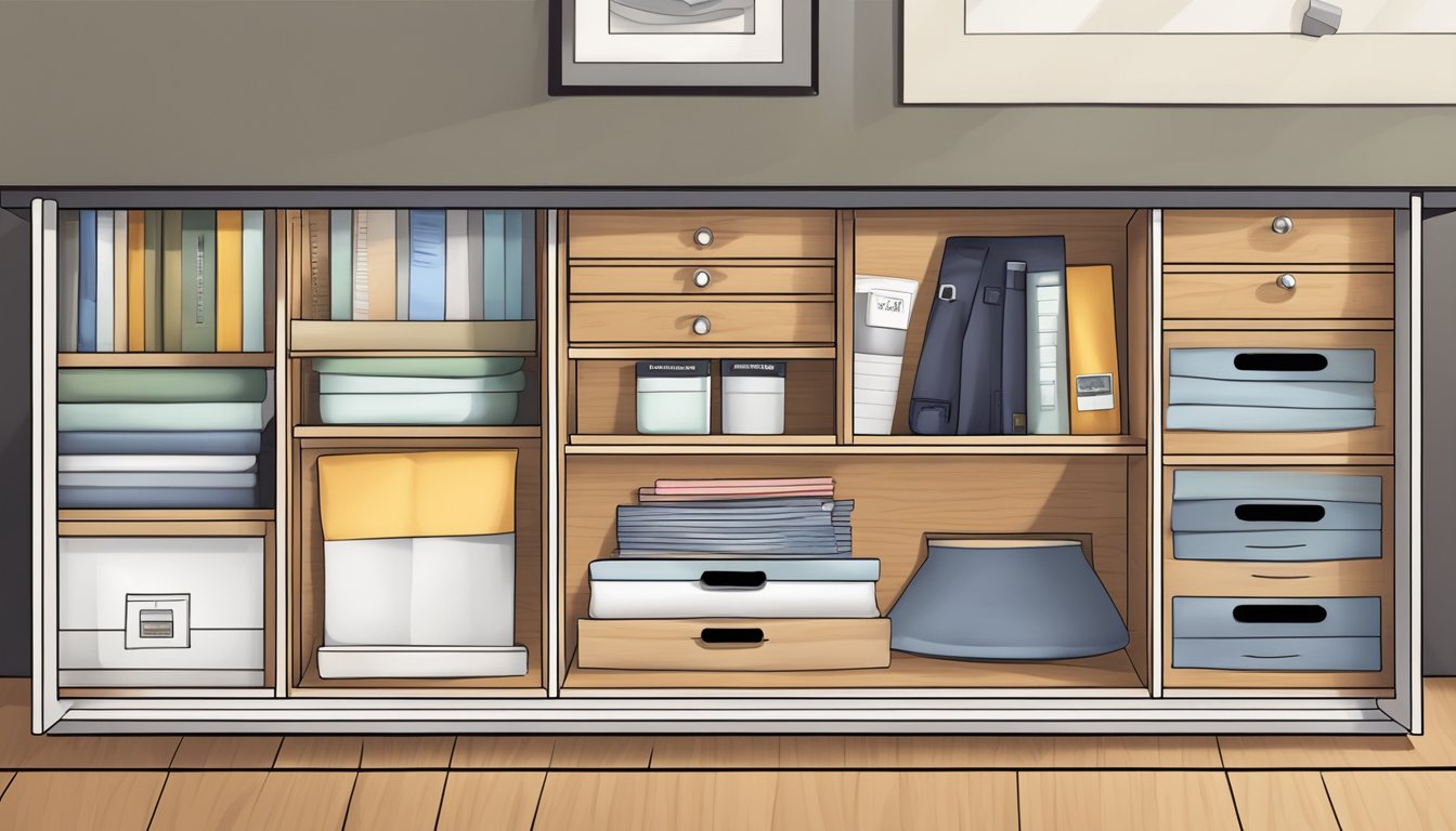 A bedroom drawer set with labeled compartments and neatly organized items
