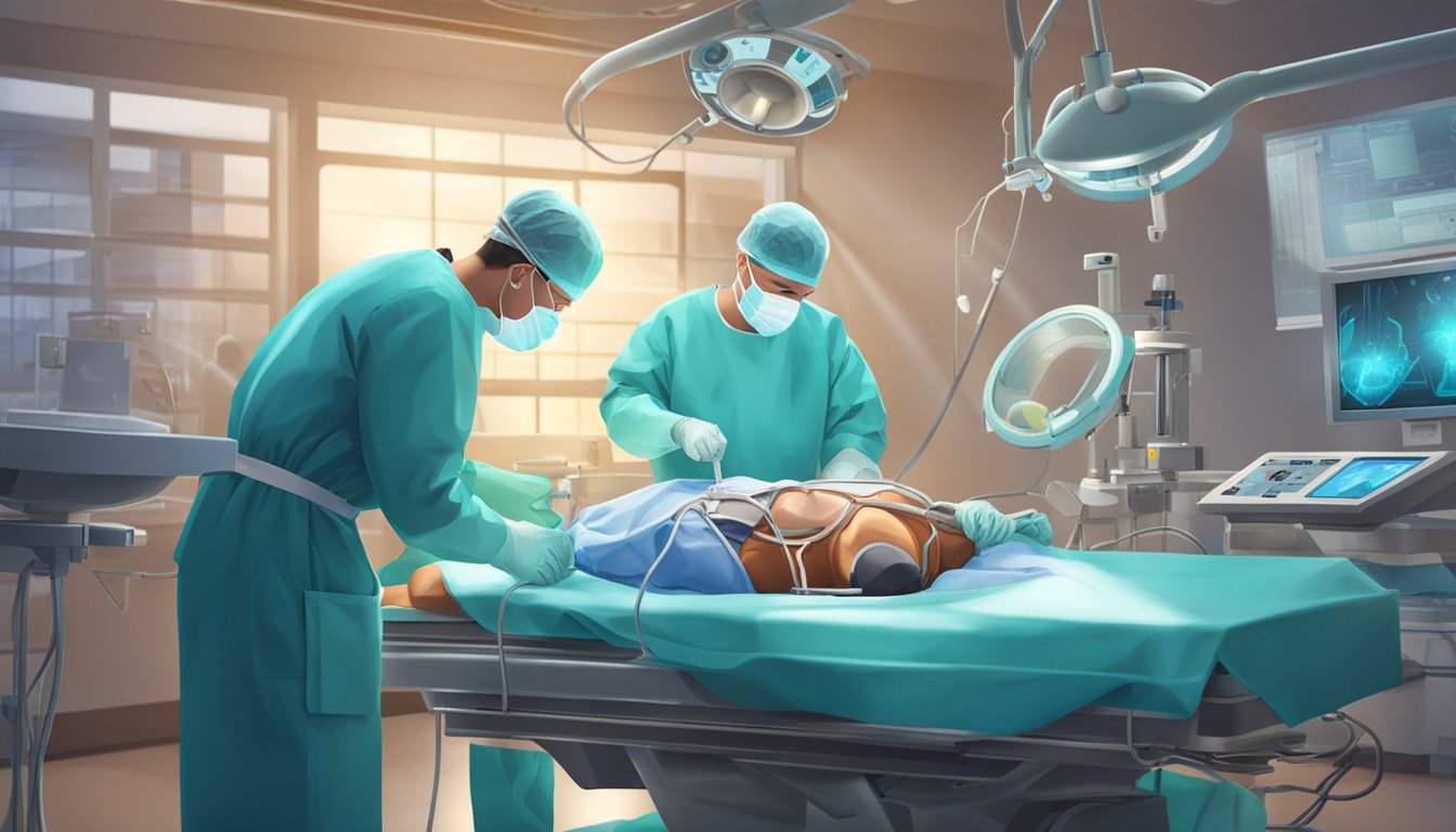 A surgeon performs an open heart transplant. Instruments and medical equipment surround the operating table. Light shines down on the patient's chest
