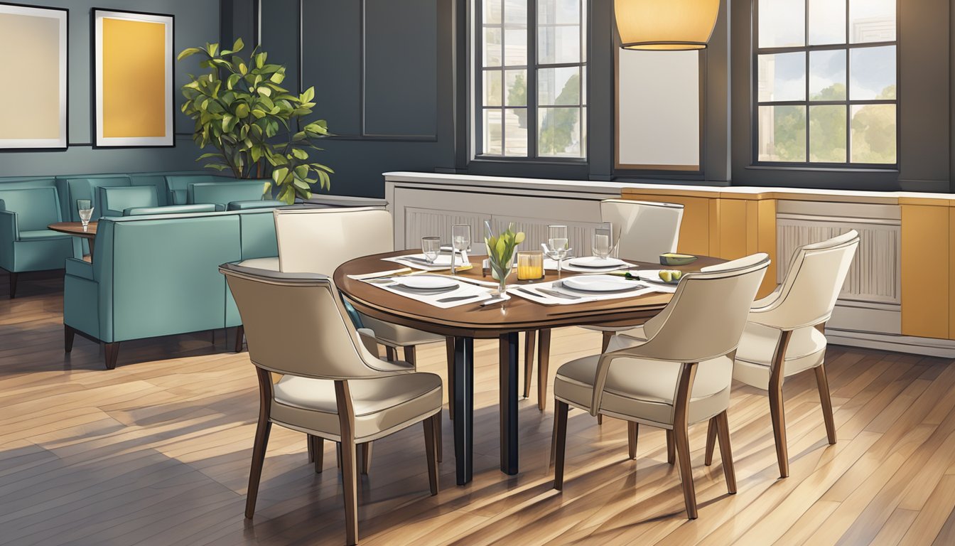 Several comfortable dining chairs arranged around a sleek table, with a stack of FAQ cards or a digital display nearby for easy access