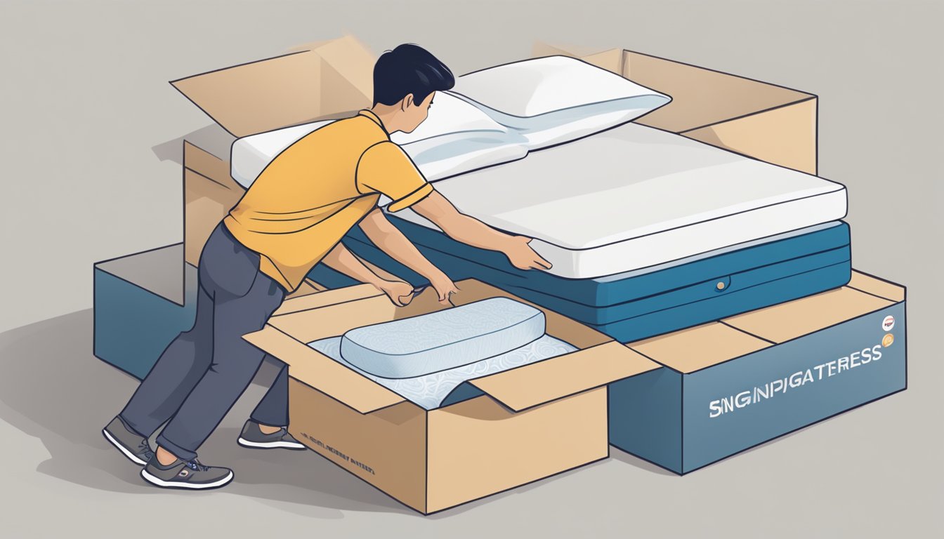 A person opens a box revealing top mattress brands in Singapore, with logos and labels prominently displayed