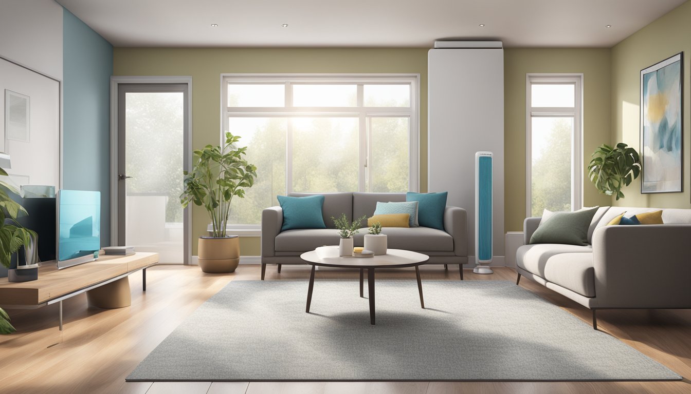 A dehumidifier in a modern living room with reduced moisture and improved air quality