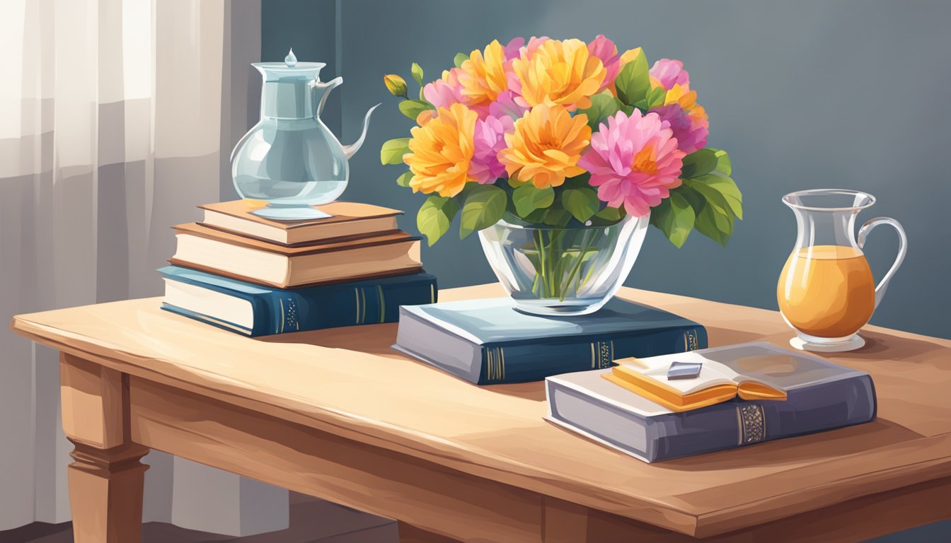 A coffee table, rectangular, wooden, with a glass top, adorned with a stack of books, a vase of flowers, and a decorative bowl
