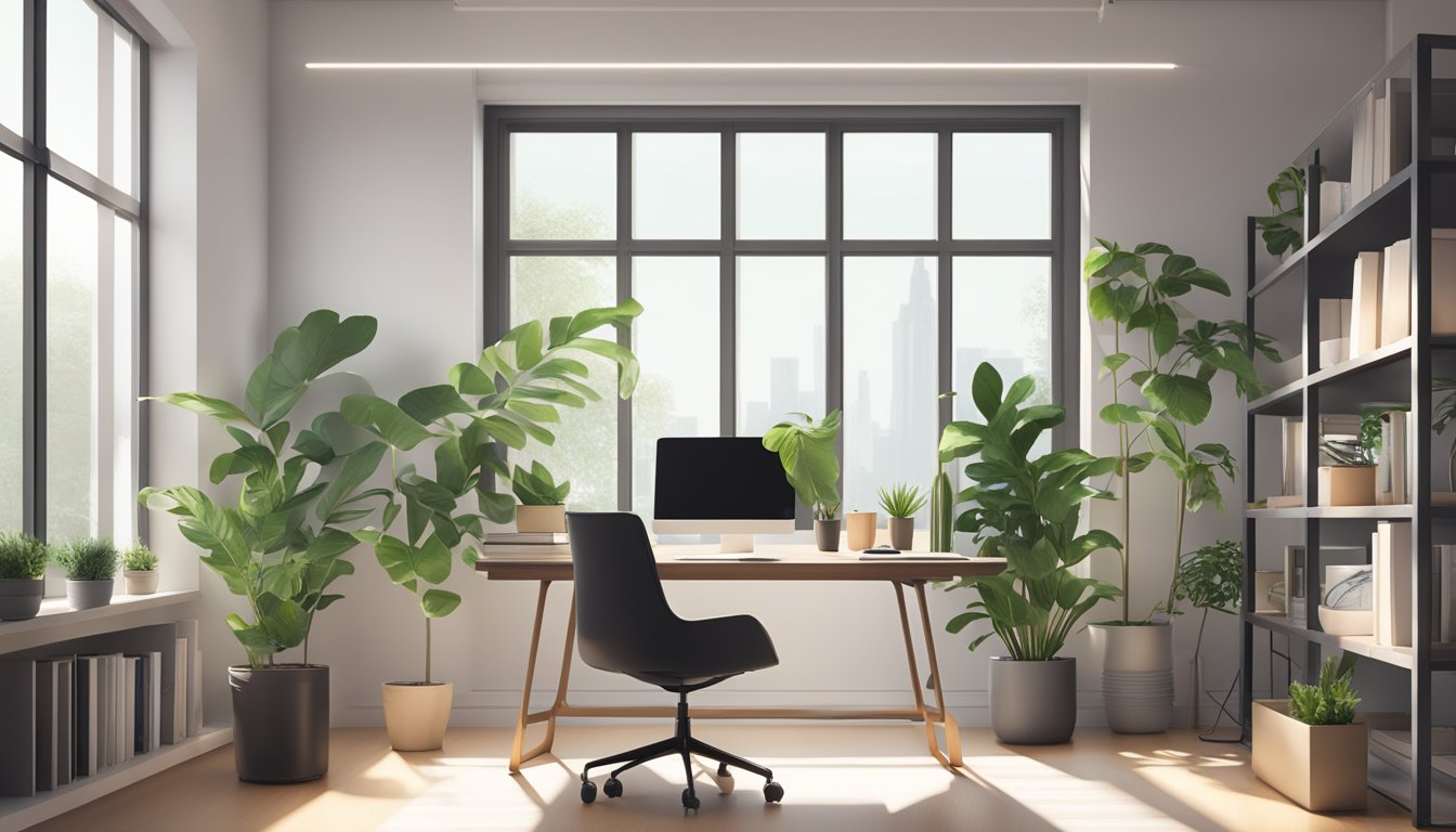 A sleek PC table sits in a well-lit workspace, with a modern desk lamp and a potted plant adding a touch of greenery