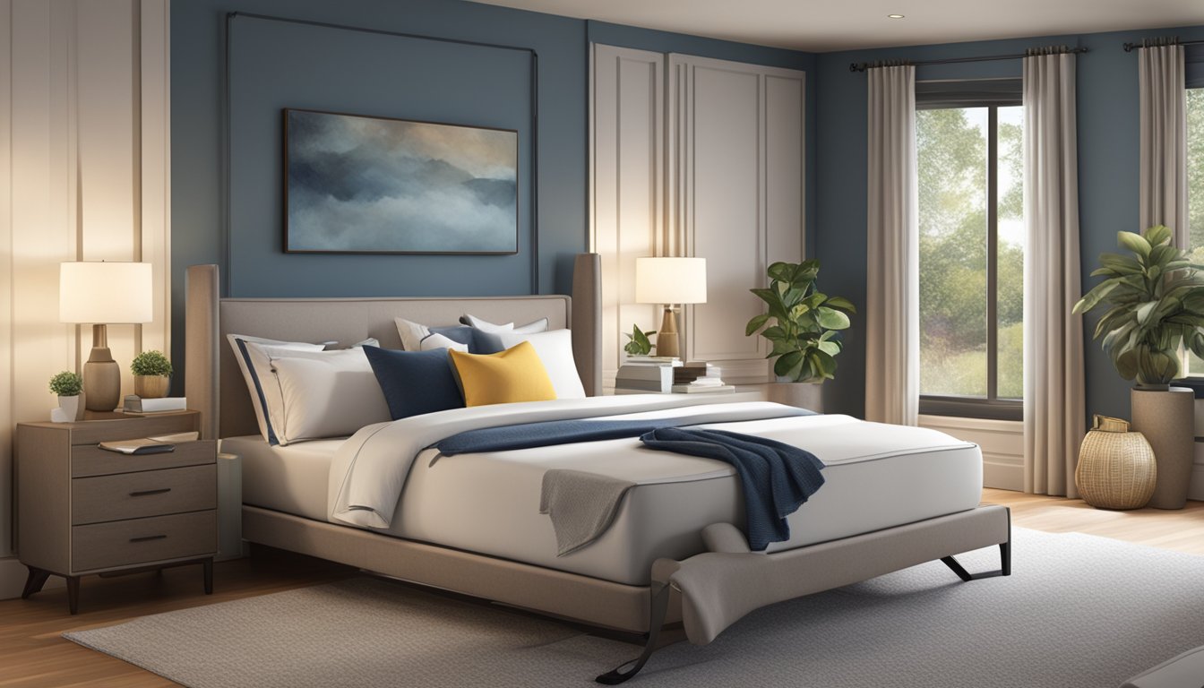A cozy bedroom with a luxurious mattress, soft pillows, and a tranquil ambiance. A price tag and a quality label are prominently displayed, while a serene sleeper enjoys the health benefits of a restful night's sleep