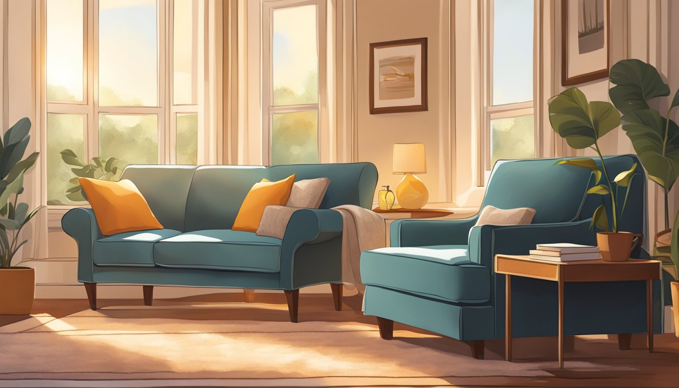 A cozy living room with a plush, oversized chair nestled in the corner. Soft sunlight filters through the window, casting a warm glow on the inviting seat