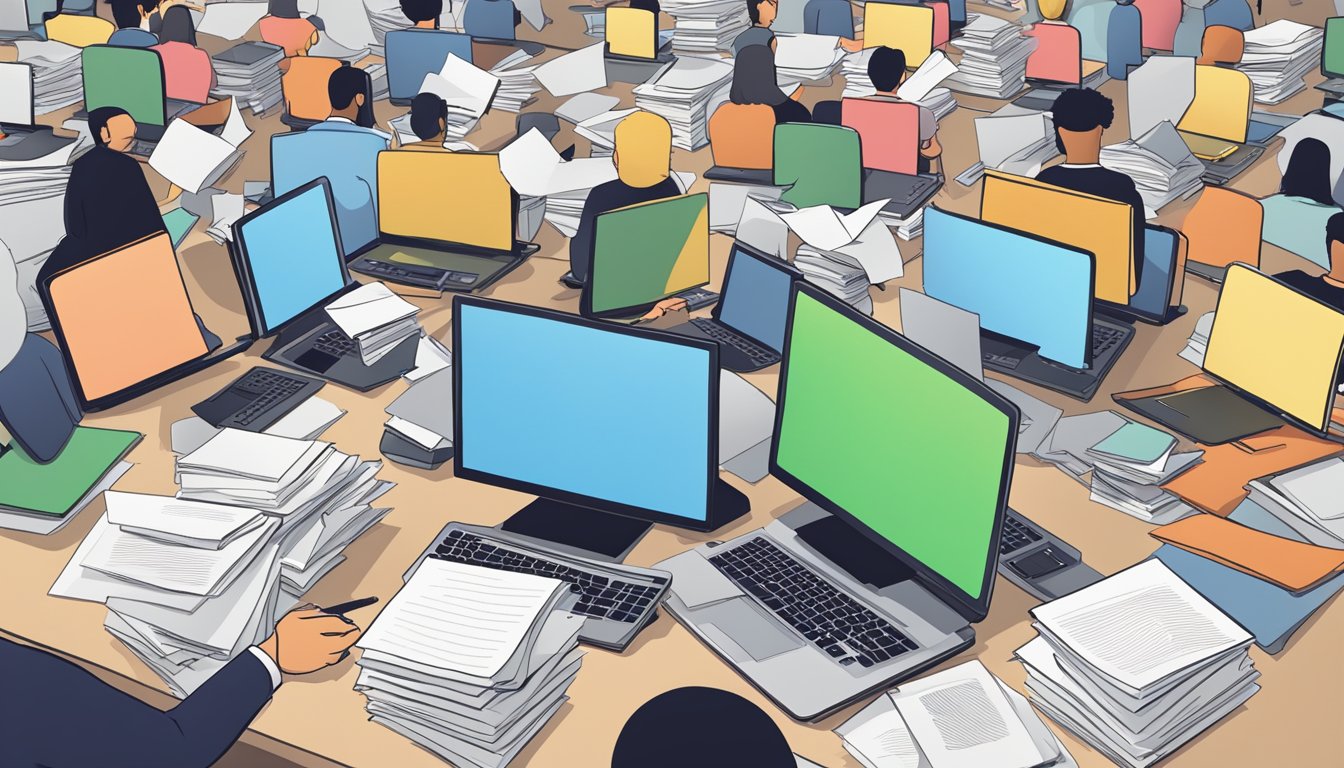 A computer table with a stack of papers, a pen, and a laptop, surrounded by a group of people with question marks above their heads