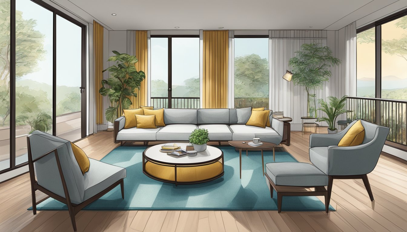 A room with a sofa and chairs, where the coffee table is proportionate in size, allowing for easy access and comfortable reach from all seating areas