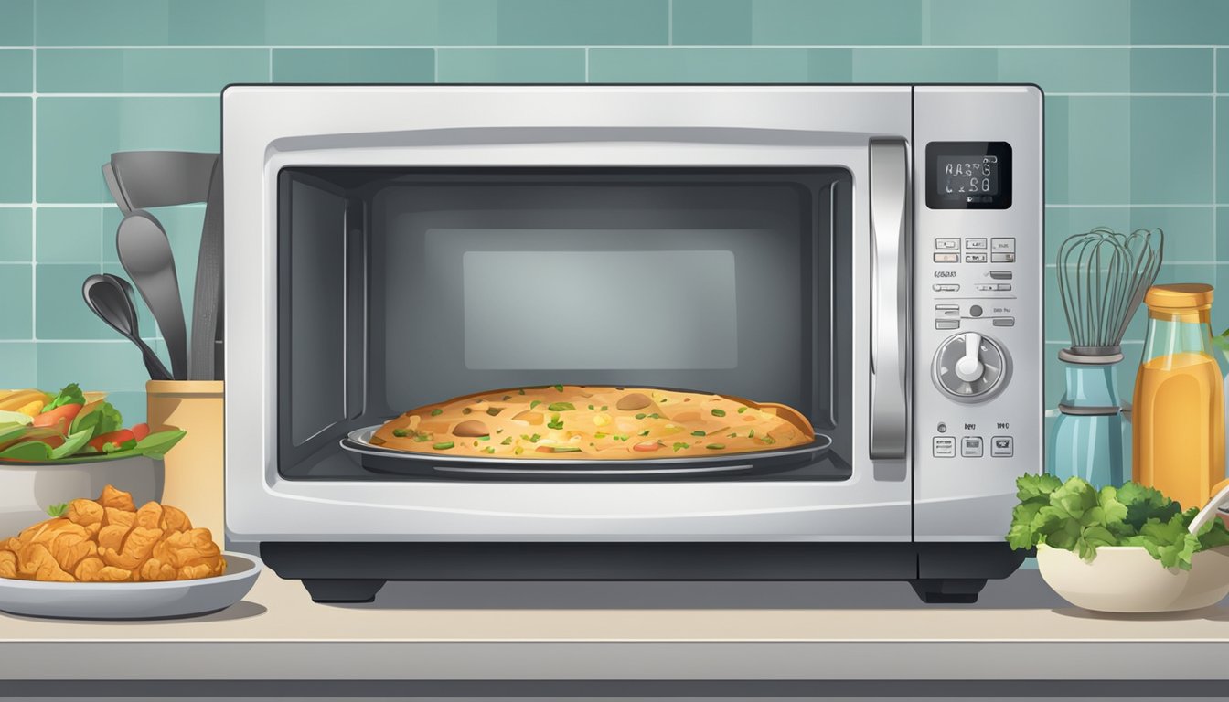 A microwave oven with "Frequently Asked Questions" displayed on the screen, surrounded by various food items and kitchen utensils