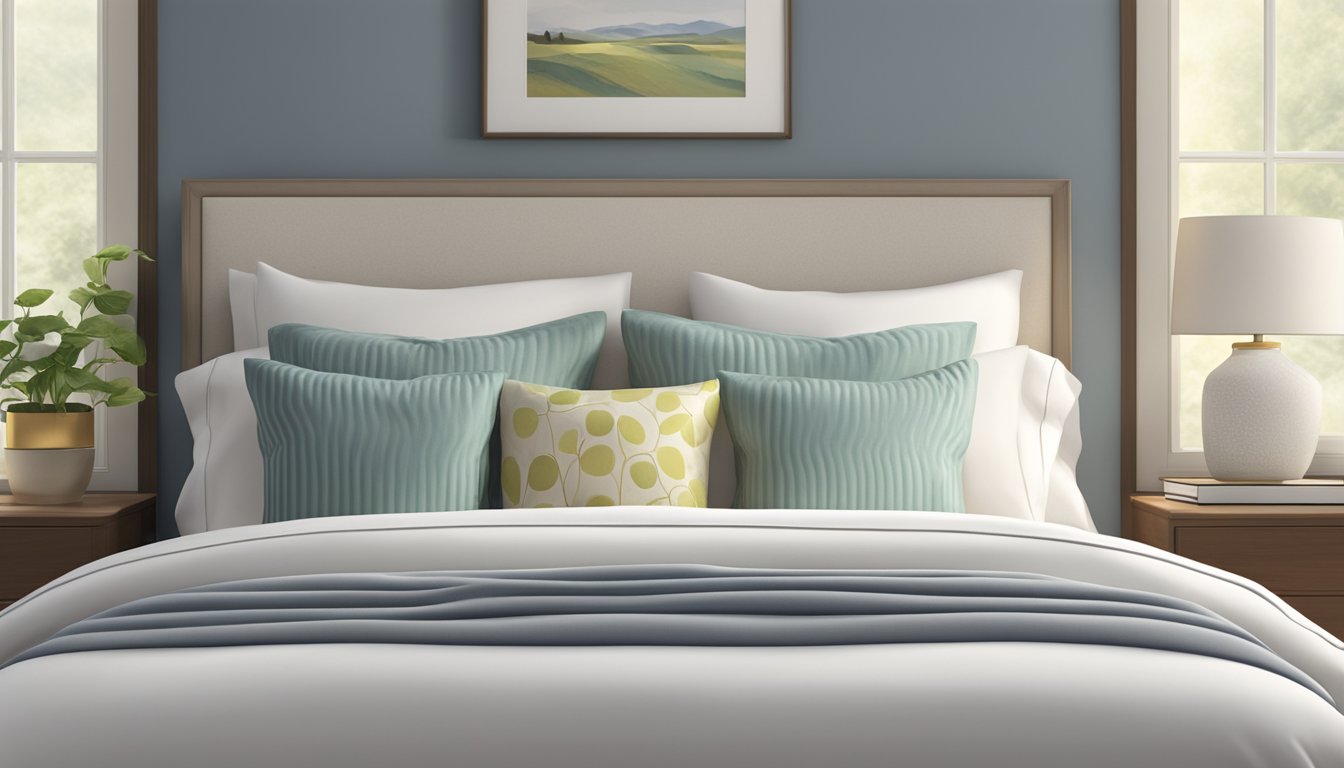 A standard pillow placed on a bed with soft, clean linens, surrounded by a calm and peaceful atmosphere