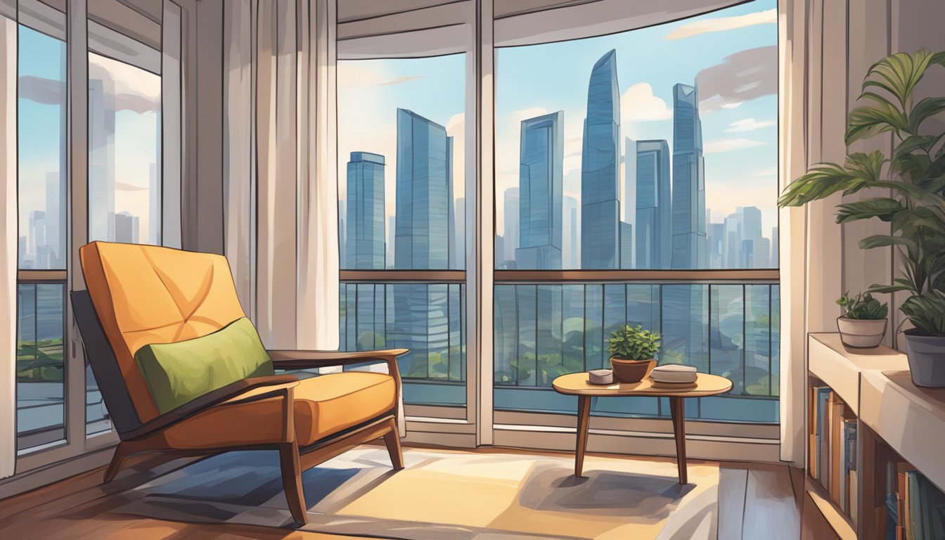 A comfortable lazy chair in a cozy living room with a Singaporean skyline view through the window