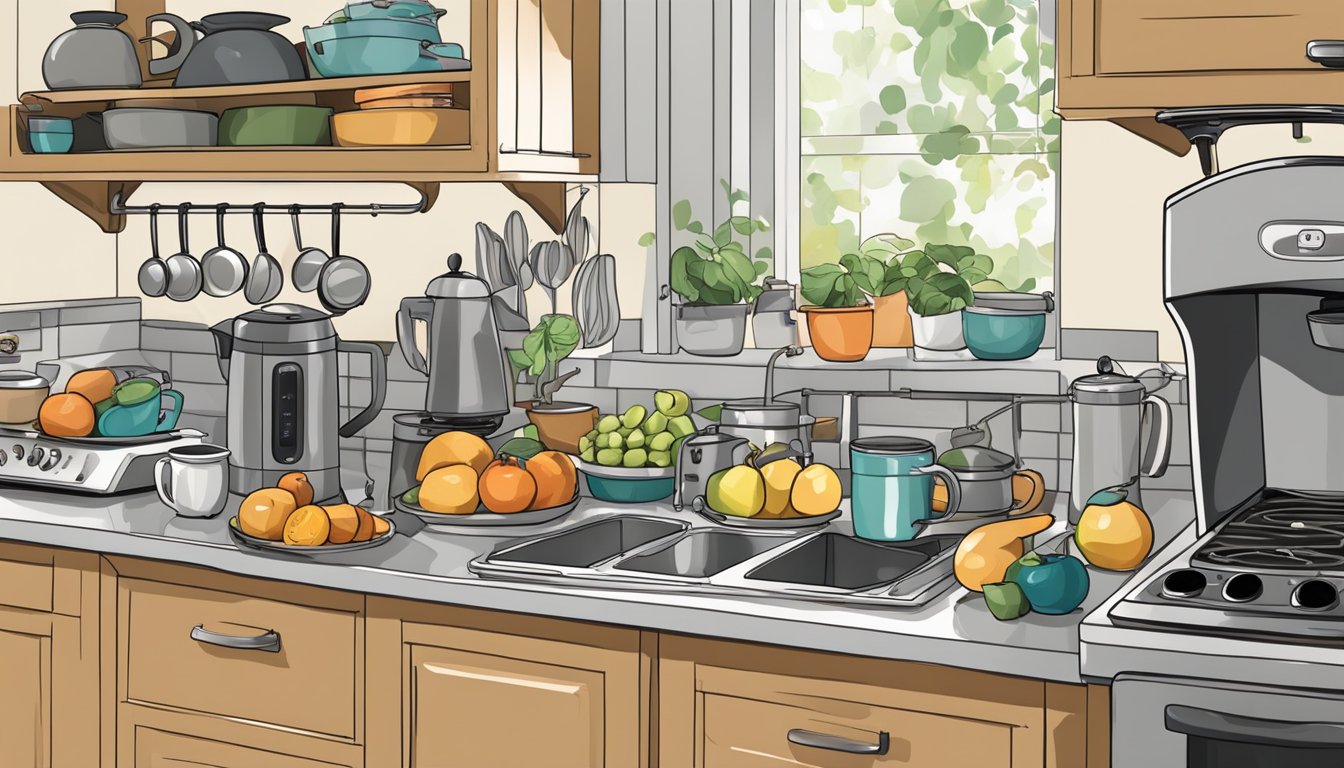 A cluttered kitchen counter with a coffee maker, toaster, and fruit bowl. Pots and pans hanging from a rack above the stove. A sink full of dishes