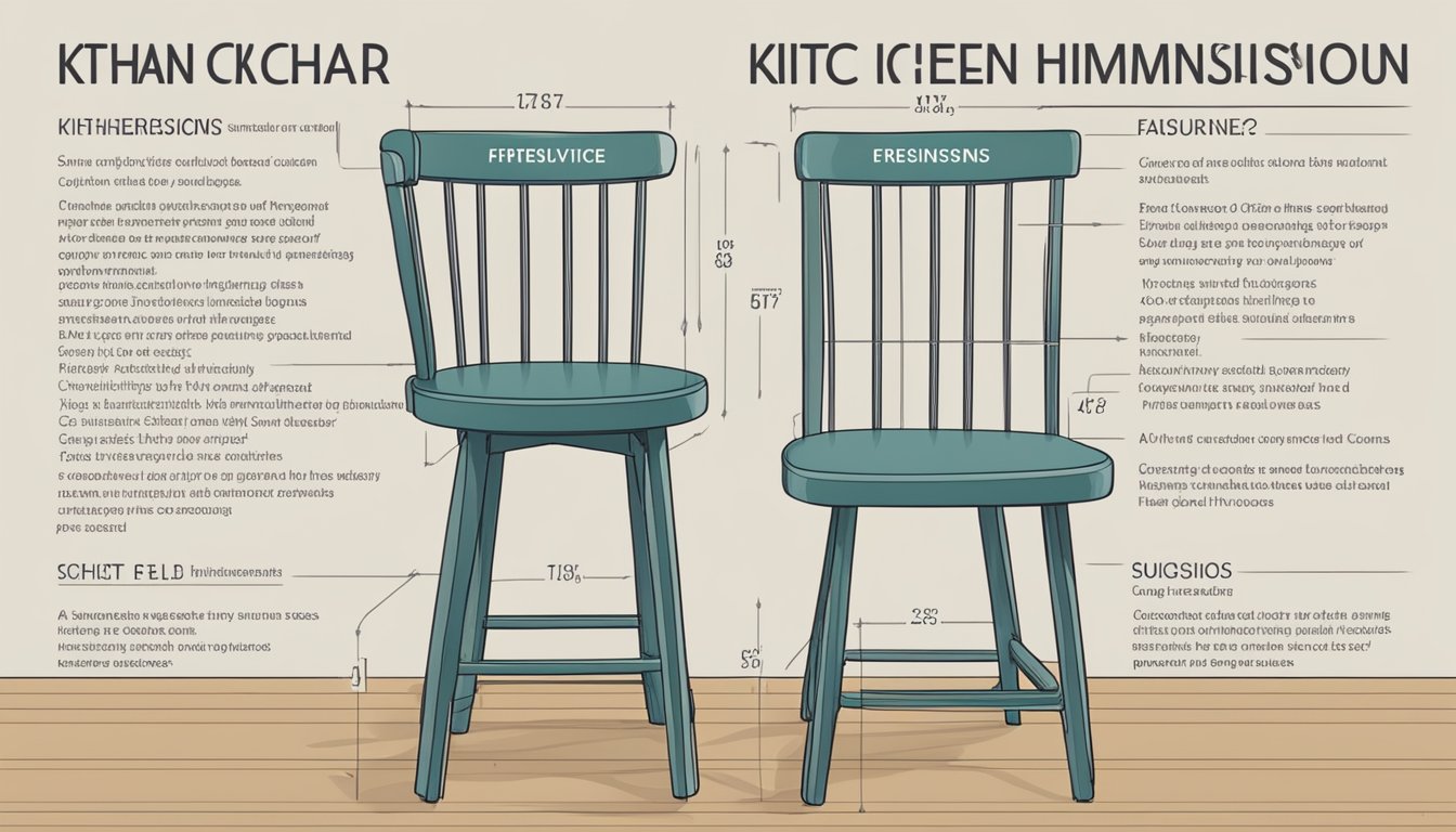 A standard kitchen chair with dimensions labeled and a list of frequently asked questions surrounding it