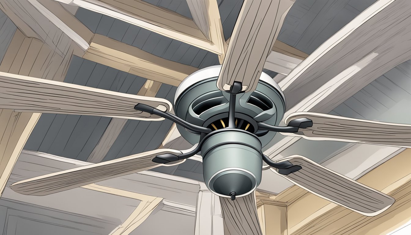 Ceiling fans embrace, spinning in a tight hug